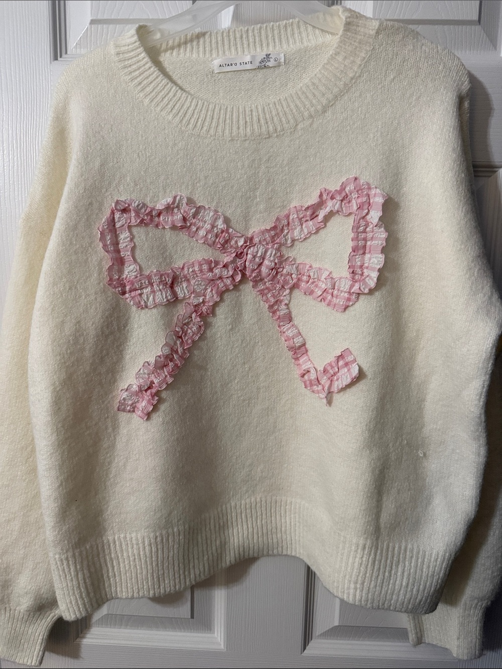 Altar’d State Cream Sweater with Pink Ribbon Detail